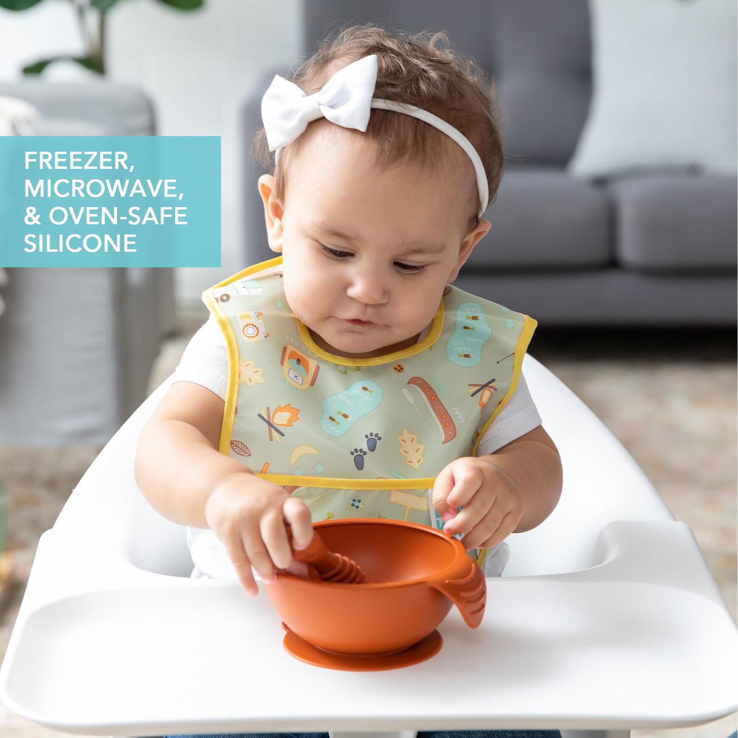 Bumkins Baby Bowls, Disney Minnie Mouse Silicone Baby Feeding Set, Suction Bowls for Baby and Toddler with Spoon, First Feeding Set, Platinum Silicone Bowl for Babies 4 Months