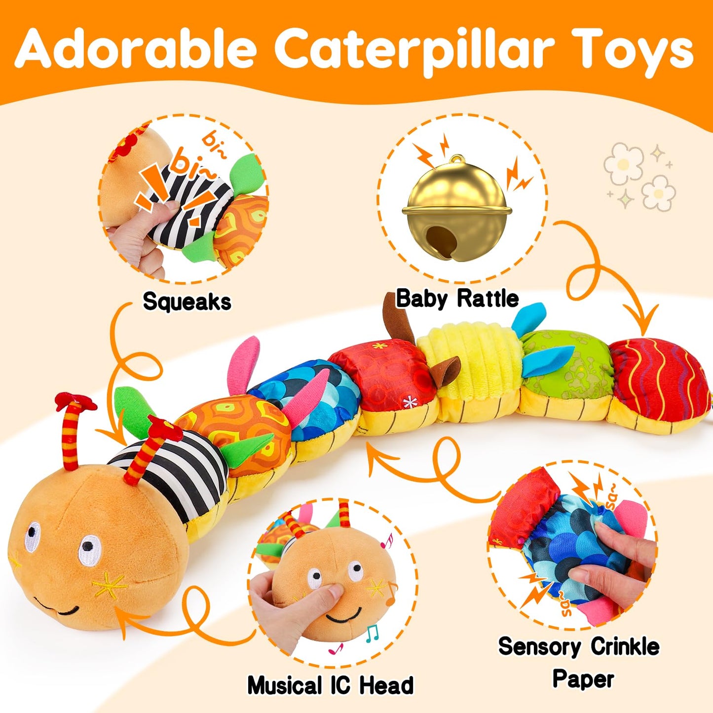 Baby Sensory Toy 0-6 Month Music Animal Stuffed Plush Caterpillar Toy for Infant 0-3-6 Month Tummy Time with Baby Mirror Crinkle Rattle for 6-12 Month Carseat Toy for Newborn Boys Girls Shower Gifts