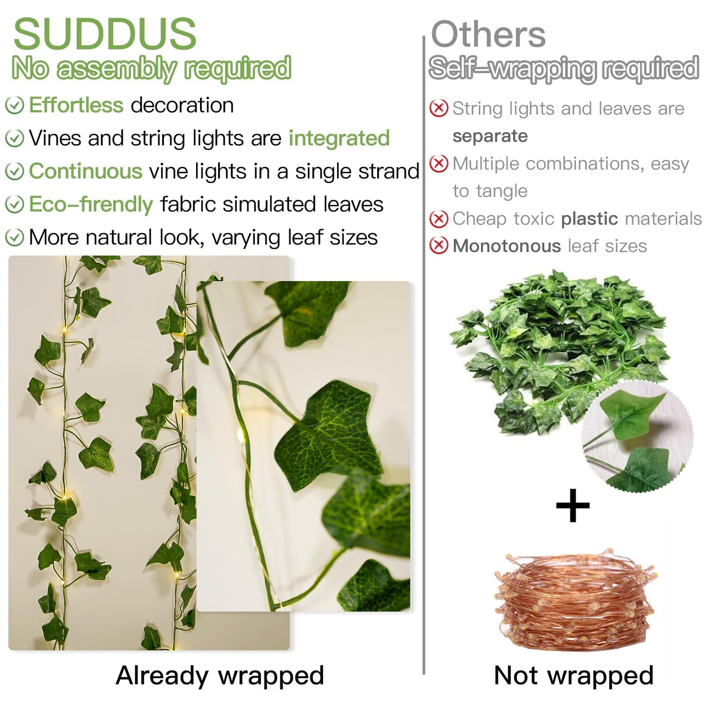 suddus Vine with Fairy Lights Battery Operated, 33ft 100 LED Ivy String Lights with Remote, Leaf Lights for Bedroom, Room, Wall, Garden, Party, Wedding Decor (Warm White)