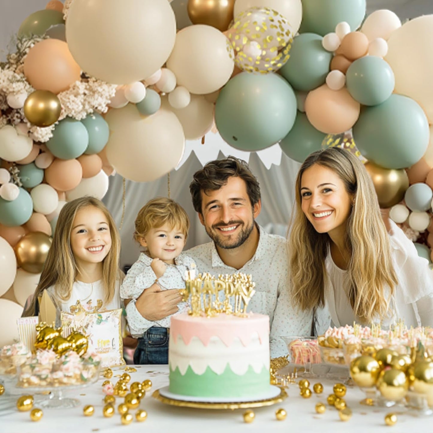 Sage Green Pink Balloon Arch Kit, Olive Green Light Pink Sand White Blush Metallic Gold Balloons with Gold Confetti Balloons for Girl Birthday Woodland Baby Shower Jungle Safari Decorations