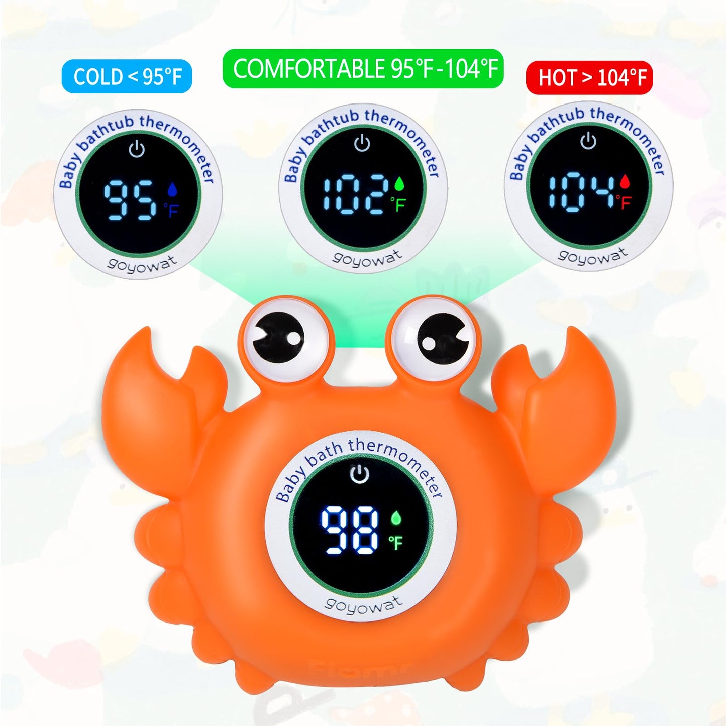 Baby Bath Thermometer with LED Display, Floating Crab Toy – 2-in-1 Water Safety Sensor for Infants, Color-Coded Alerts (Hot/Cold), Bath Tub Temperature Monitor, Cute Floating Bath Toy, Nursery