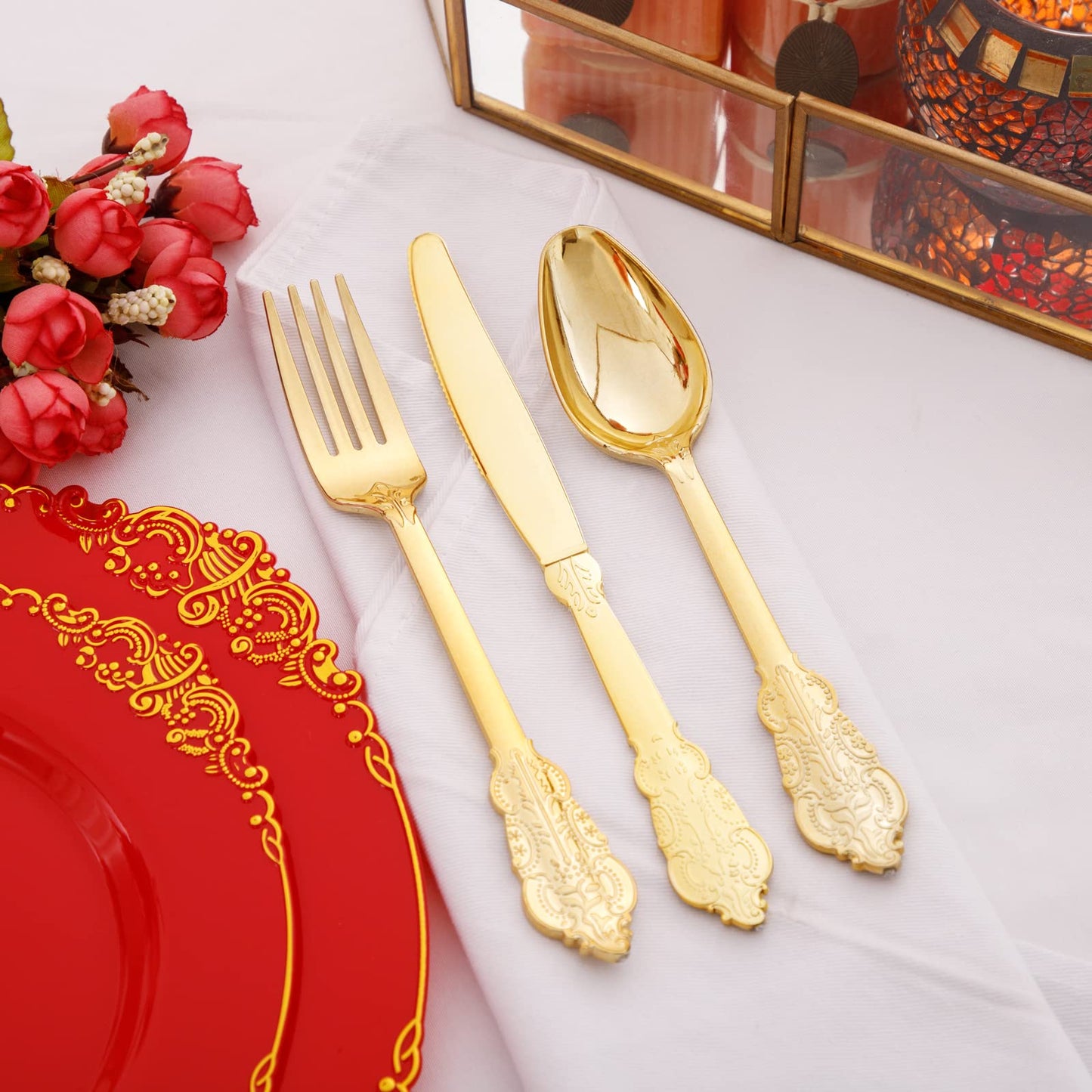 Morejoy 175PCS Rose Gold & Silver Plastic Dinnerware Set: 25 Plates, 25 Forks, 25 Knives, 25 Spoons, 25 Cups, 25 Napkins - Perfect for Wedding & Party