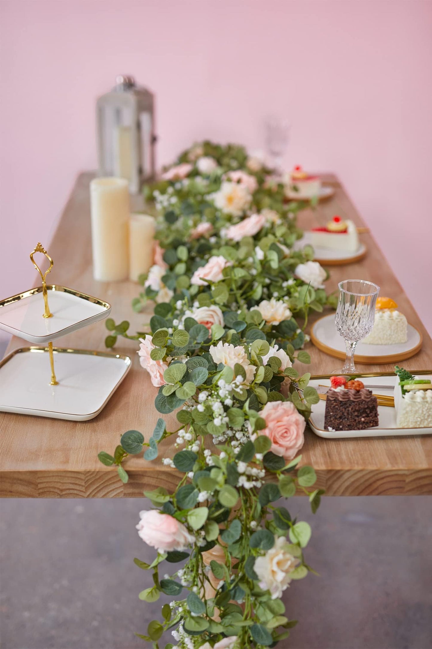 Anna's Whimsy 5.91FT Artificial Eucalyptus Garland with Flowers, Fake Flower Rose Gypsophila, Faux Floral Greenery Garland for Wedding Spring Home Party Craft Art Table Runner Decor