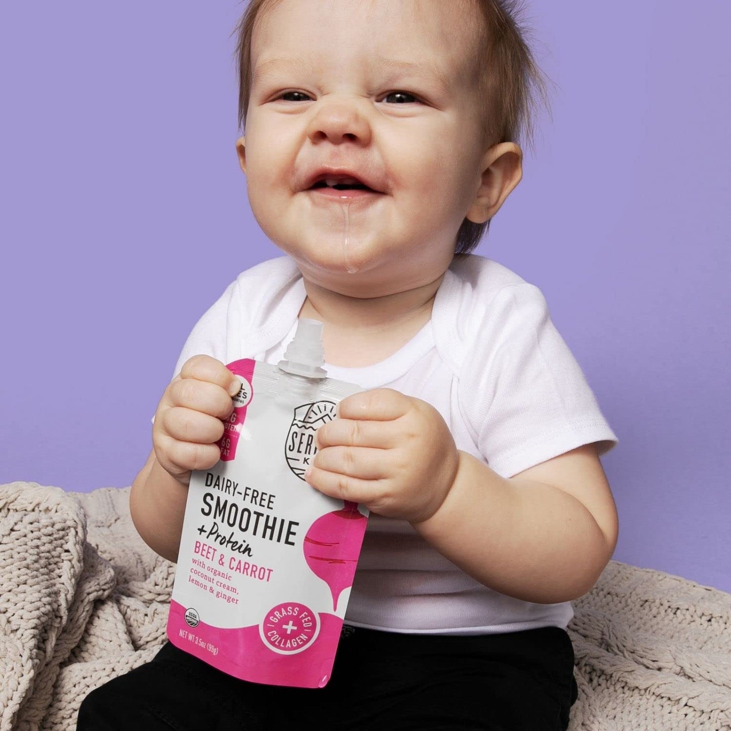 Serenity Kids 6+ Months Dairy-Free Smoothie Baby Food | USDA Organic | Grass Fed Collagen Protein | 3.5 Ounce BPA-Free Pouch | Berry Butternut | 12 Count