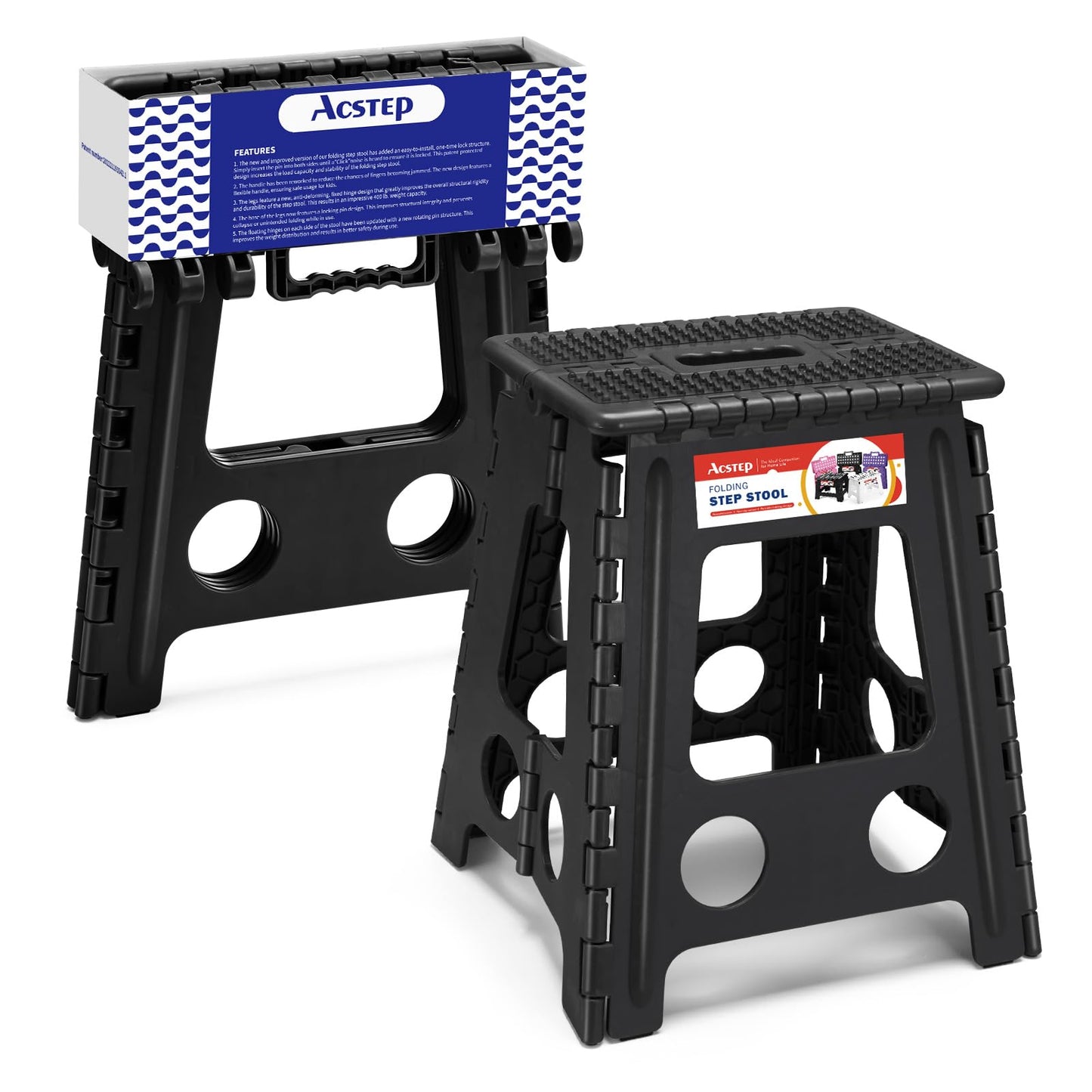 ACSTEP Folding Step Stool 9'' Tall Kids Step Stool Holds Up to 300 lb Plastic Foldable Step Stools for Kids Non-Slip Surface with Carry Handle Collapsible Stool for Home, Outdoor and Indoor(Black)