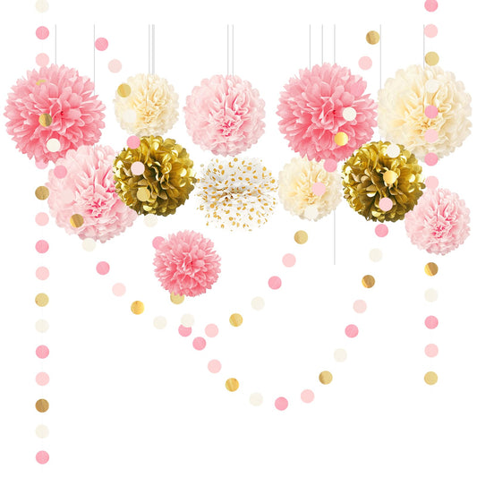 AOBKIAT Wedding Baby Shower Decorations Set,15PCS Pink Gold Tissue Paper Pom Poms,Circle Dots Colorful Paper Garland String Hanging Backdrop for Birthday Party,Gender Reveal Celebration Decor