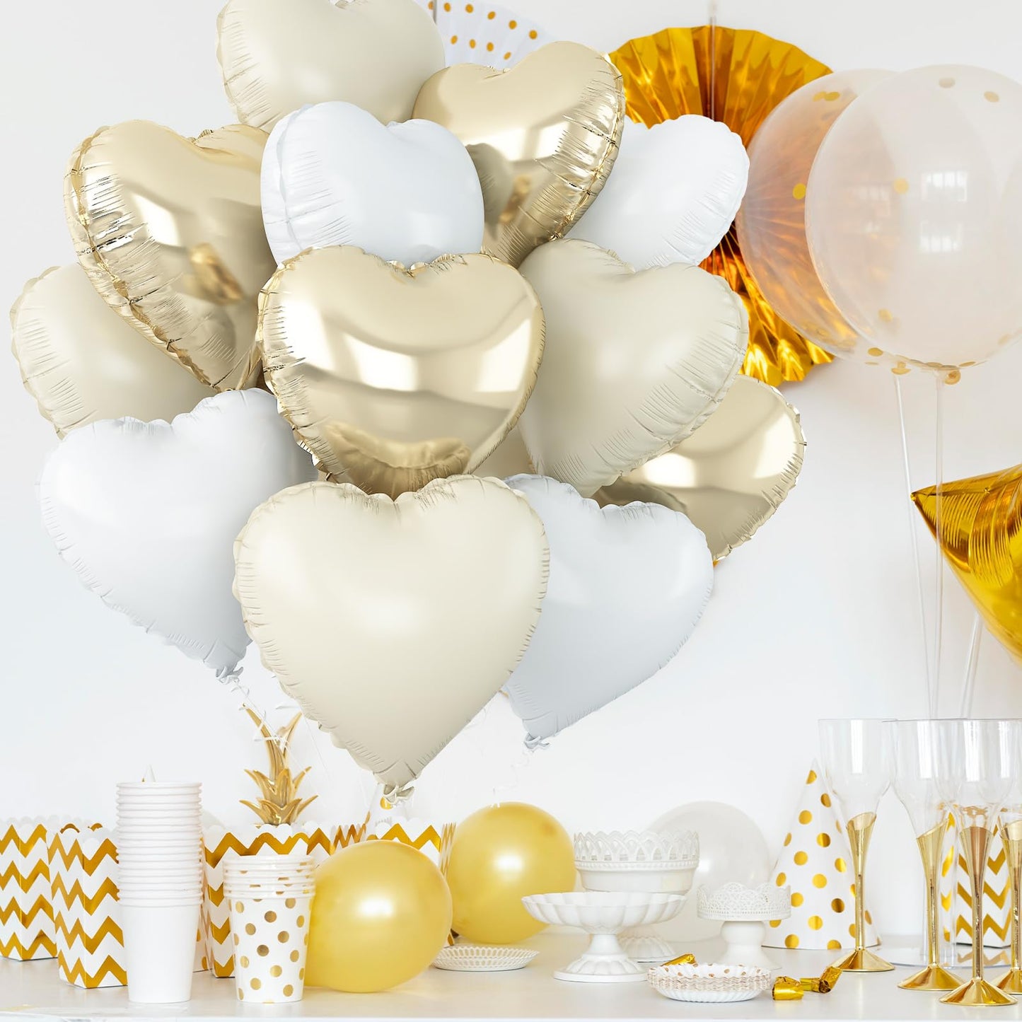 Sage Green Gold Heart Balloons,12Pcs Light Gold Heart Shaped Foil Balloons,18Inch Cream White Helium Mylar Balloon for Baby Shower Birthday Anniversary Wedding Party Decorations