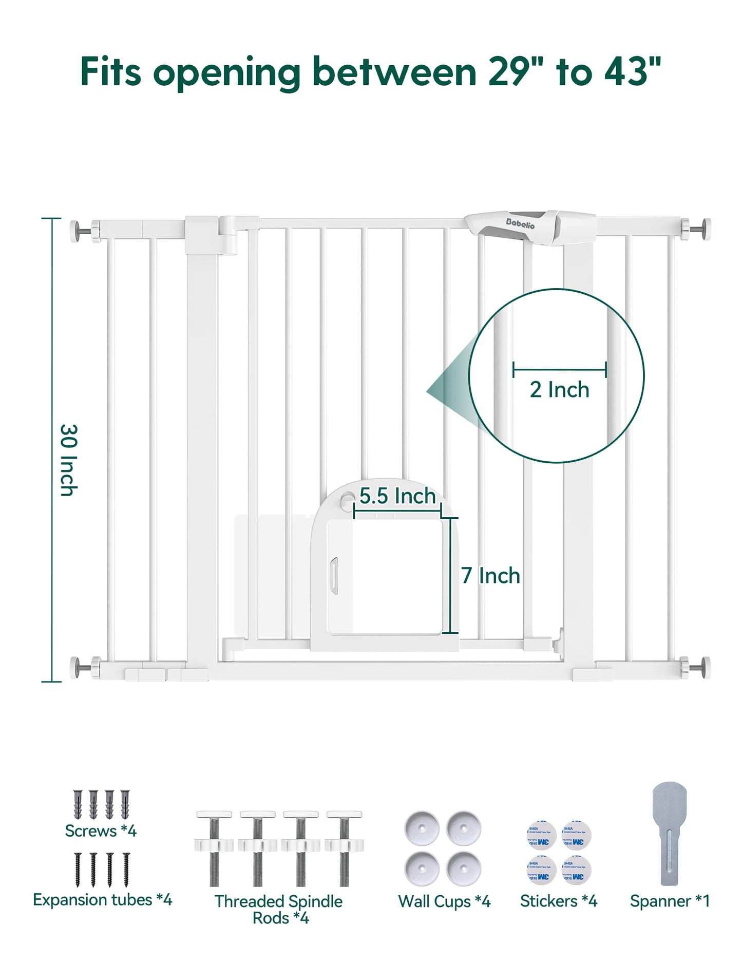 Babelio Upgraded Baby Gate with Cat Door, 29-43" Auto Close Durable Dog Gate for Stairs, Doorways and House, Easy Walk Thru Safety Gate with Pet Door Includes 4 Wall Cups, Black