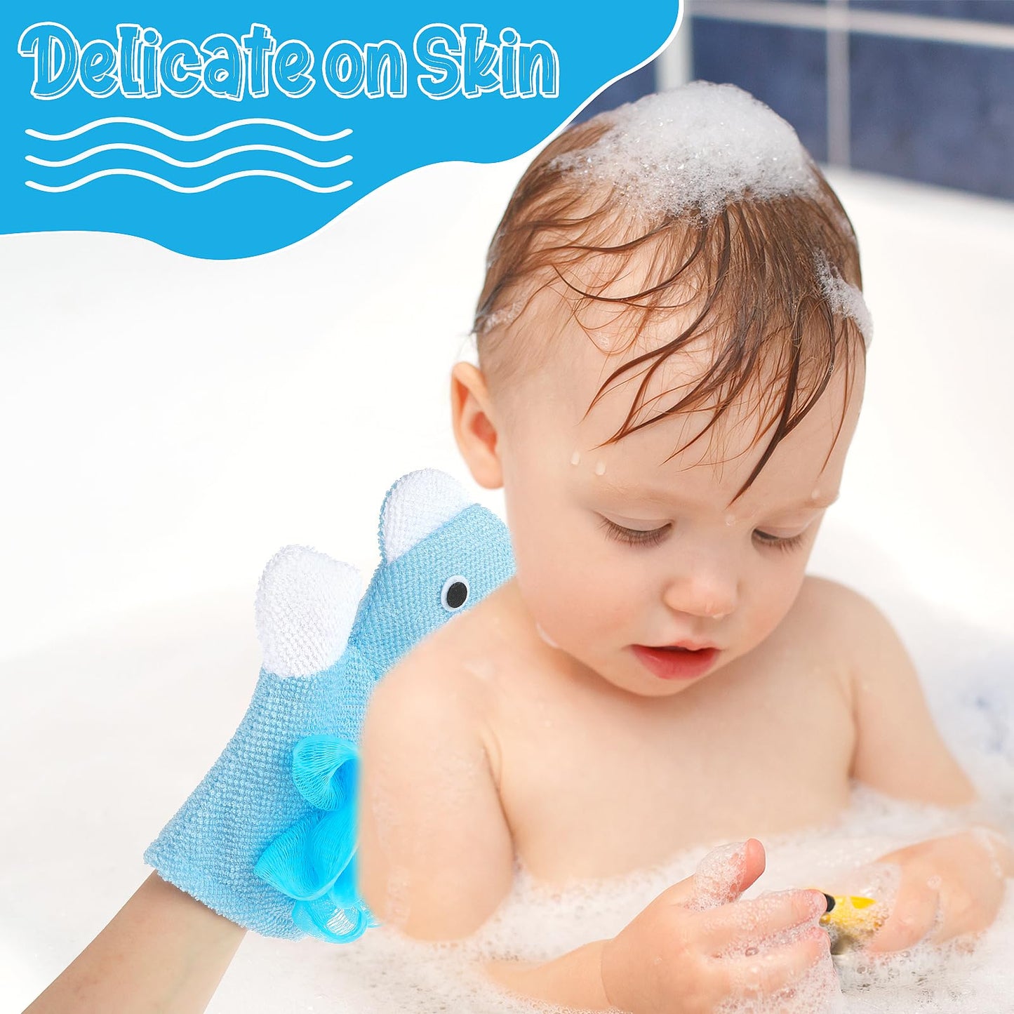 2 Pcs Bath Mitt Washcloths Gloves, Cute Cartoon Exfoliating Glove Body Scrubber, Gentle Soft Scrub Bath Loofahs Sponges for Kids Shower Washing (Pink Rabbit and Yellow Duck)