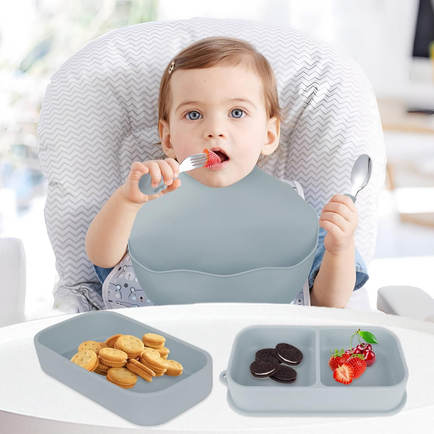 Travel Silicone Baby Feeding Set with 316 Stainless Steel Spoon & Fork ,Silicone Suction Plates, Foldable Bib, Storage Bag - Portable Infant Toddler Utensils, 6-Piece BPA-Free Dishware Kit(gray)