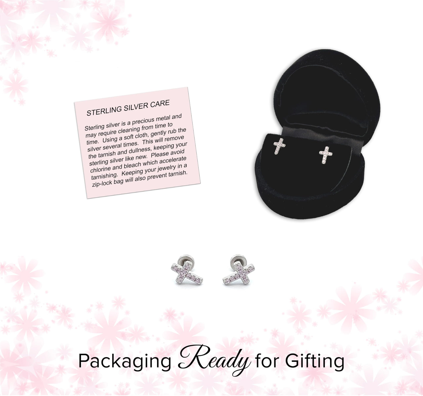 Cherished Moments Children's Sterling Silver or Gold-Plated Cross Earrings with CZs and Safety Screw Backs for Baptism, Christening and First Communion Gifts for Girls