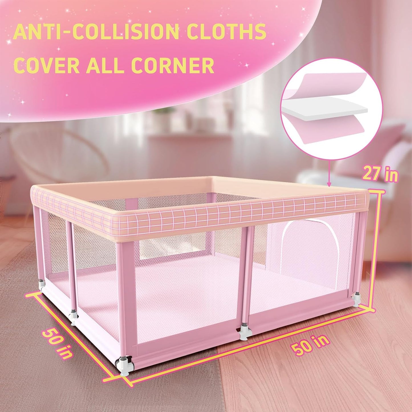 50" ×50" Baby Playpen, Baby Play Pen for Babies and Toddlers, Baby Playard for Indoor & Outdoor, Sturdy Safety Play Yard with Soft Breathable Mesh, Anti-Fall, Pink