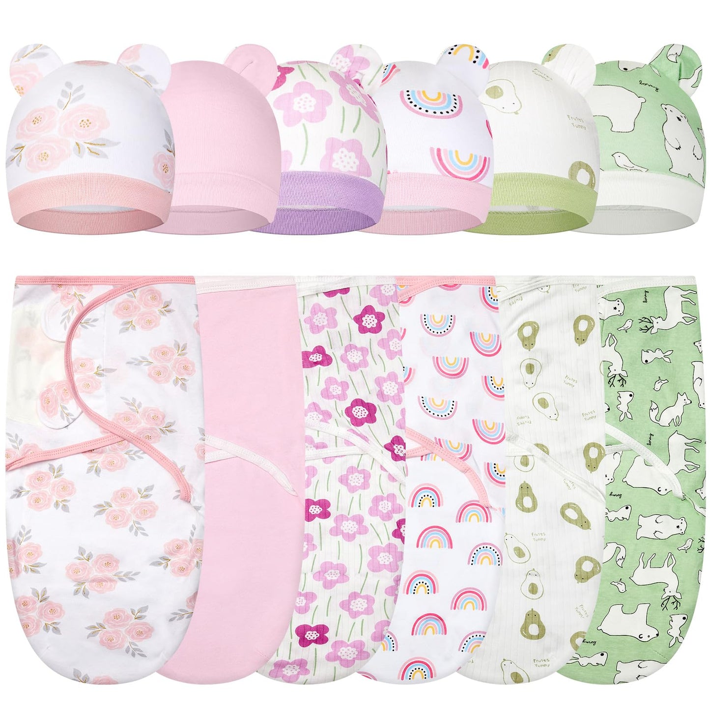 Ramede 6 Pack Baby Swaddle Blanket with Hats Sleep Swaddle for 0-3 Months Newborn Sacks Soft Cotton Wearable for Boy Girl
