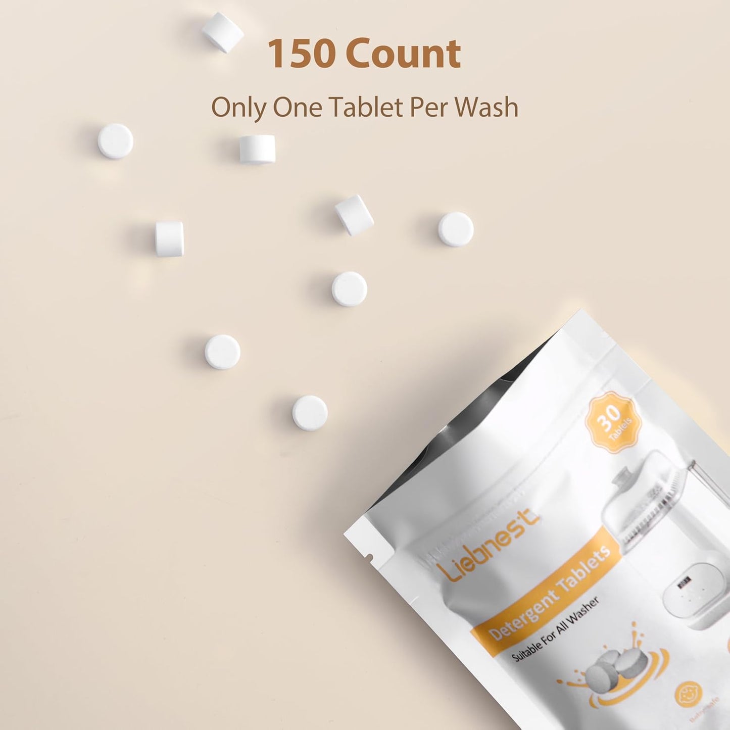 150Pcs Bottle Washer Tablets for Baby Bottle Washer, Detergent Tablets Compatible with Momcozy, Baby Brezza, Grownsy Bottle Washers, Safe & Residue Milk Free