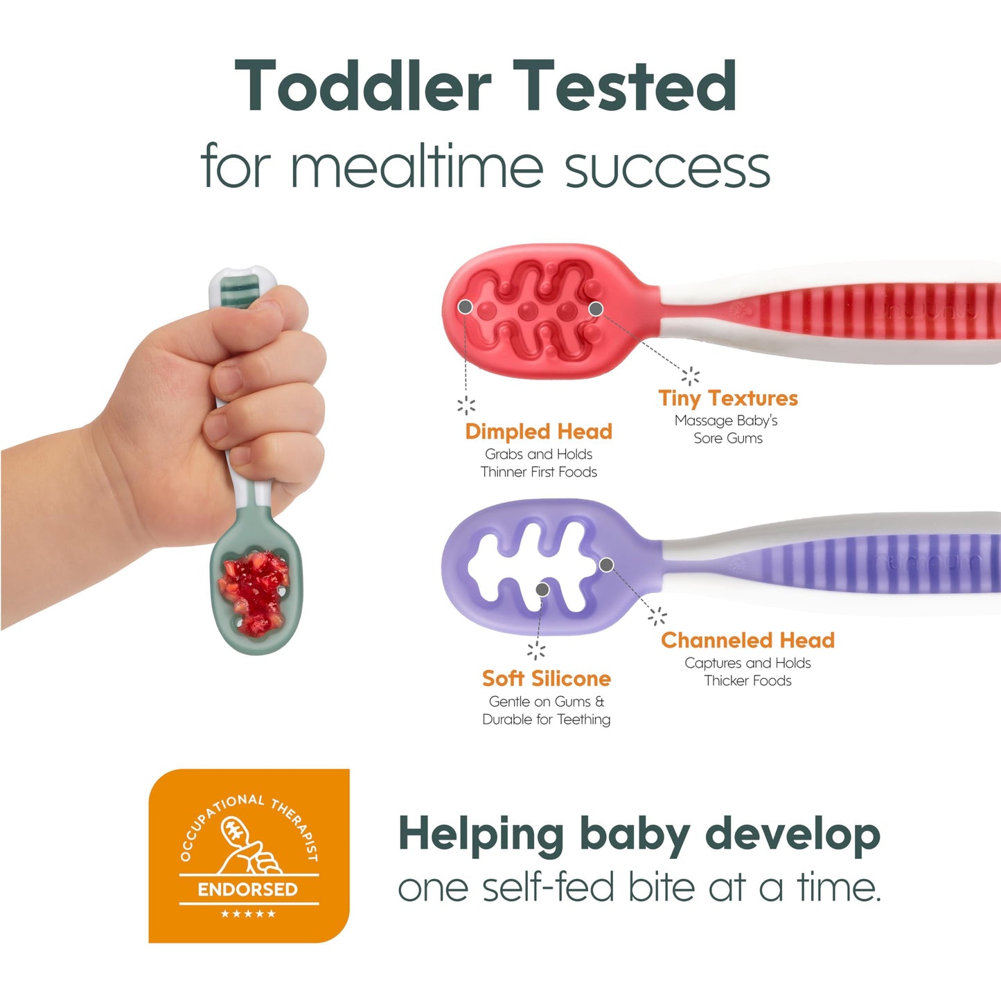 NumNum Baby Spoons Set, Baby Essentials Pre-Spoon GOOtensils for 6+ Months, First Stage Self-Feeding Spoons for Baby Led Weaning (BLW), Silicone Toddler Utensils, BPA-Free, 2 Pack Frosty Lilac/Rosebud