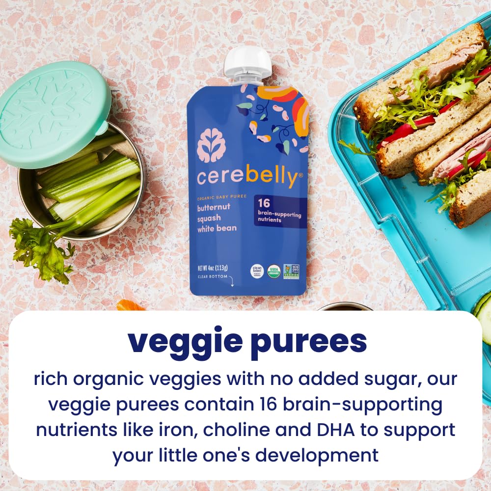 Cerebelly Organic Baby Food Pouches Variety Pack – Organic Veggie Purees for Toddlers | No Added Sugar, Fiber, Non-GMO | Blended Toddler Pouches | 4 Ounce BPA-Free Pouch | 4 Flavors | 8 Count
