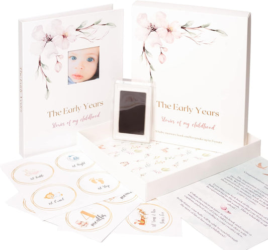 Modern Neutral Keepsake Memory Book - Journal Scrapbook for Baby Girl or Boy - Photo Album, Milestones Stickers, Clean Touch Ink Pad, Keepsake Envelope - Everlasting Memories up to Age 5