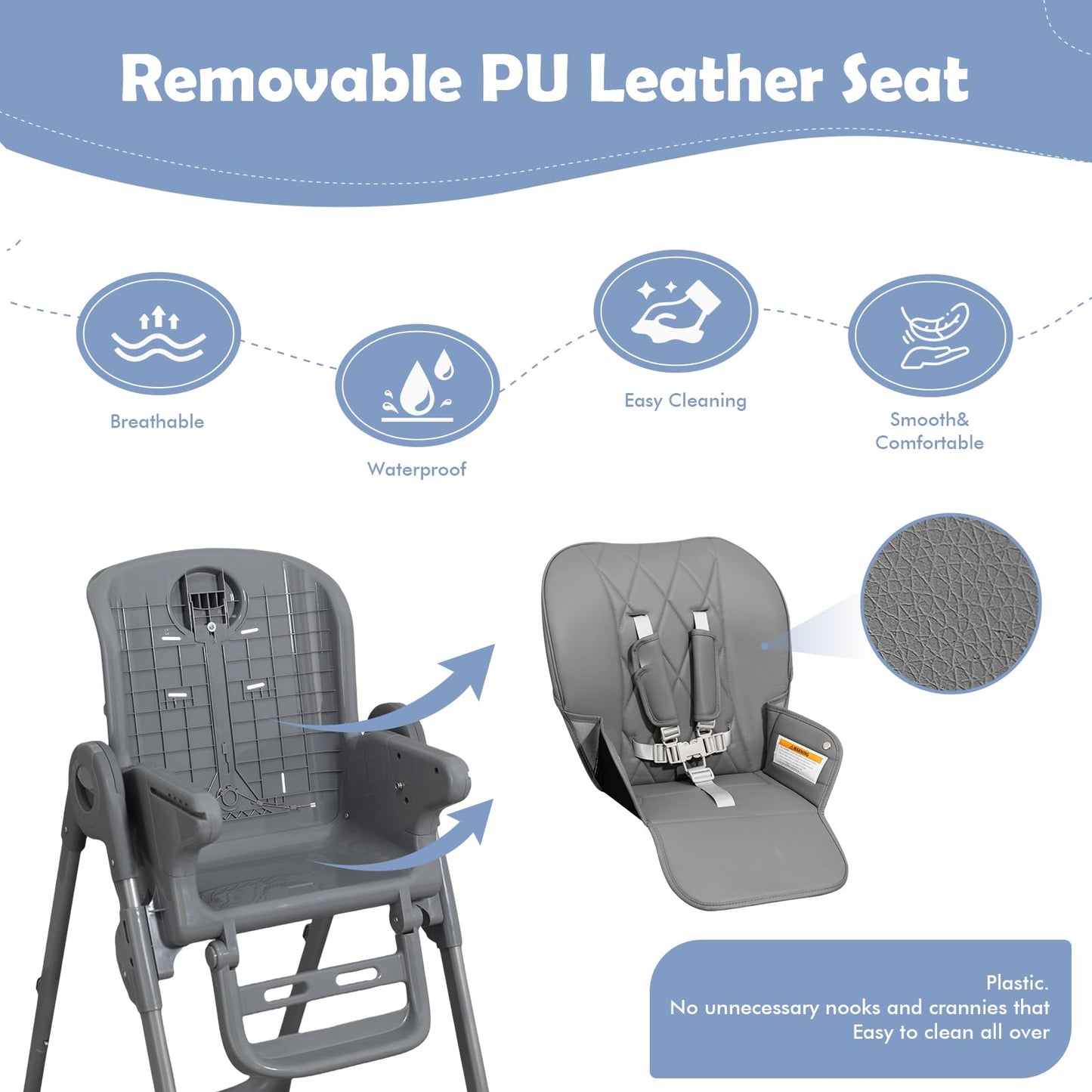 4 in 1 High Chairs for Babies and Toddlers, Convertible Foldable Baby High Chairs, Feeding and Eating Seat Highchair with 4 Levels of Recline and 7 Levels of Height Adjustment, Gray