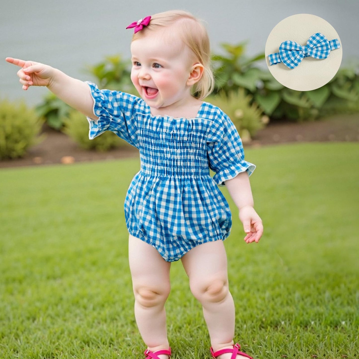 Infant Baby Girls Romper Ruffle Sleeve Pleated Smocked Bubble Plaid One Piece Ruched Jumpsuit Summer Bodysuit