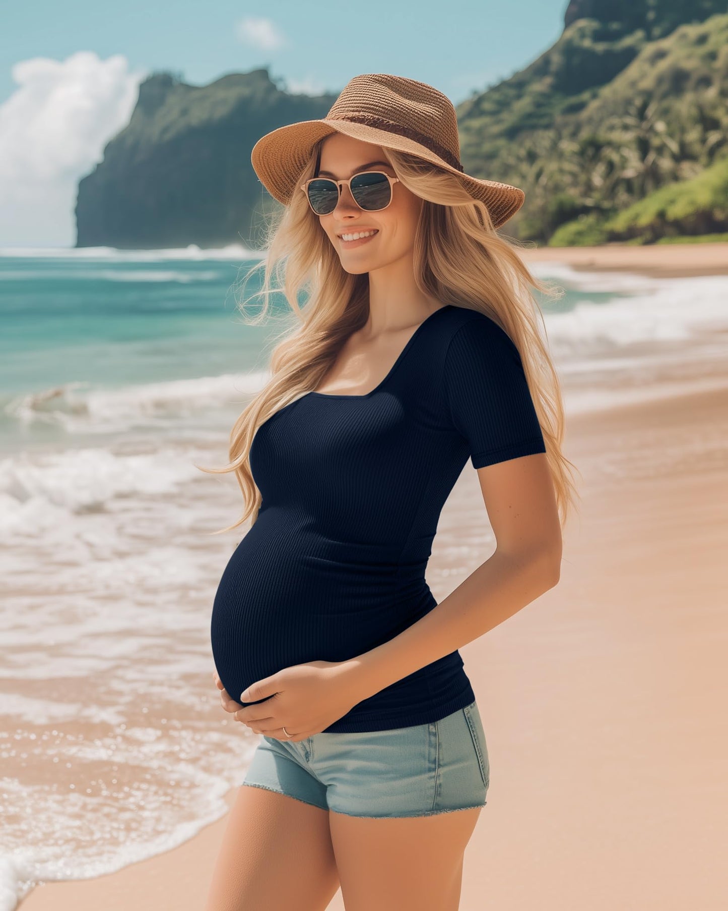 Huukeay 4 Pack Women's Maternity Shirts Cotton Ribbed Short Sleeve Square Neck Pregnancy Tops Side Ruched Summer Tee