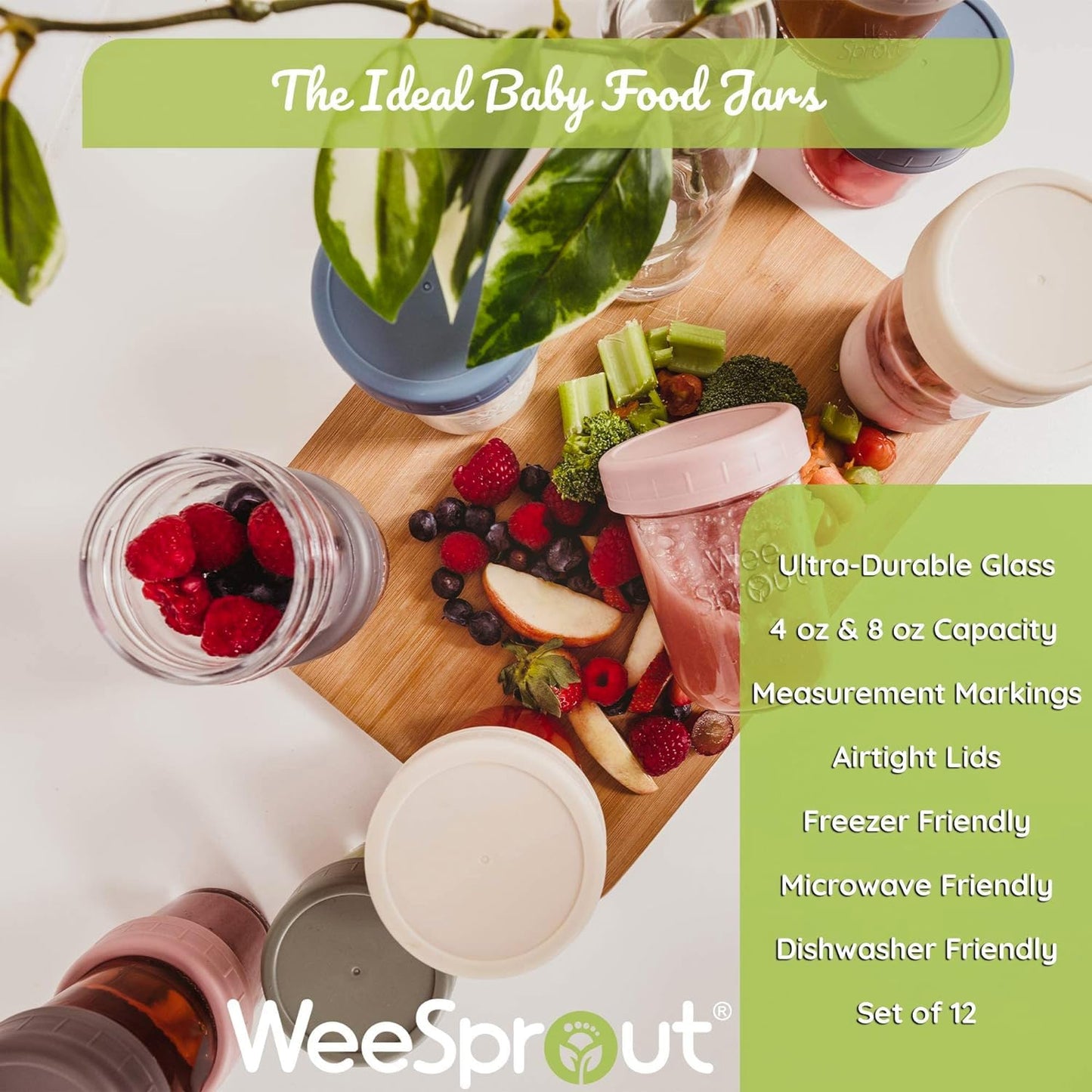 WeeSprout Glass Baby Food Storage Jars w/Lids (8 oz, 8 Pack Set) Snack, Puree, Reusable Small Containers, Breast Milk, Fridge or Freezer, Microwave & Dishwasher Safe, Essential Must Have for Infants