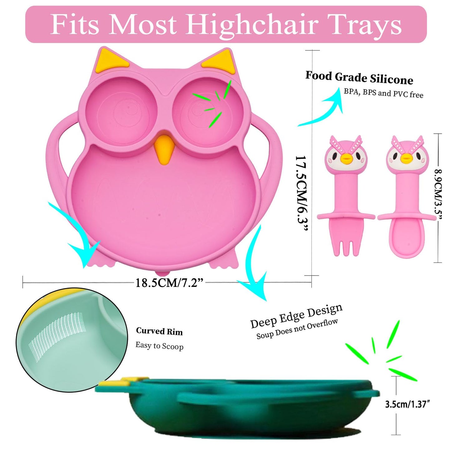 Silicone Suction Plates for Baby Toddler with Spoon Fork set Divided Dinosaurs Plates Self Feeding Training Baby Dinner Plate-Green Dinosaurs Plate Set