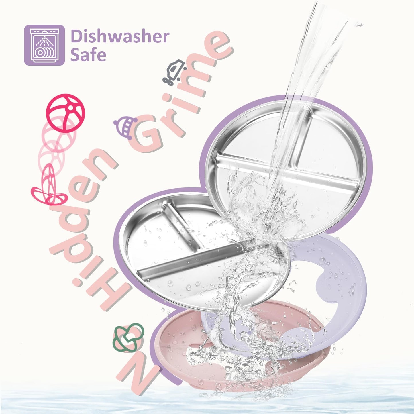 Stainless Steel Baby Plate with Suction, 9” Divided Toddler Plates with Removable Silicone Sleeves for Kids, Non-Toxic Non-Slip Unbreakable Dishwasher Safe Dinnerware Set of 2, Pink & Beige