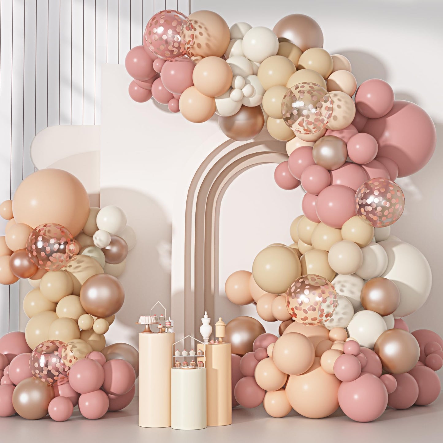 Ouddy Party Dusty Pink Balloons Arch Garland Kit, Different Sizes 18 12 10 5 Inch Boho Pink White Sand Latex Metallic Confetti Balloon for Girl Baby Shower Mothers Day Birthday Party Decorations