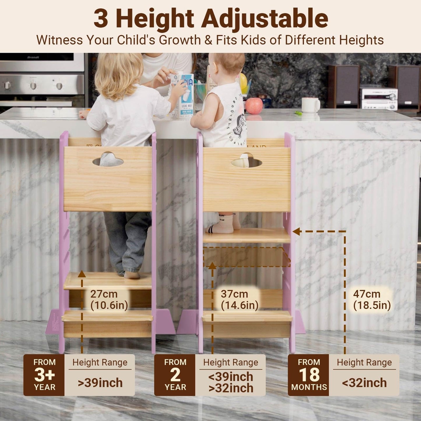 COSYLAND Toddler Standing Tower Adjustable Height - Super Stable Kids Kitchen Stool Helper - 3 Levels Adjustable Wooden Toddler Kitchen Stool (Natural & Navy Blue)