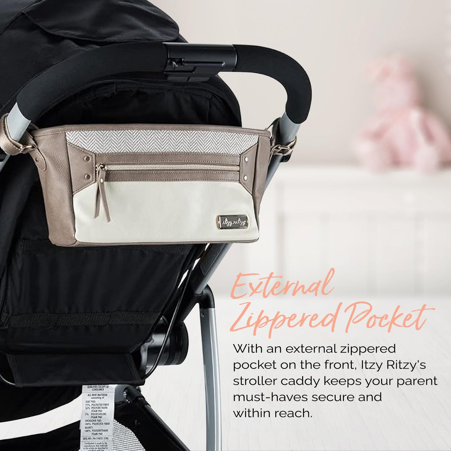Itzy Ritzy Adjustable Stroller Caddy and Organizer Bag Featuring Front Zippered Pocket, 2 Built-in Interior Pockets & Adjustable Straps to Fit Nearly Any Stroller (Chai)