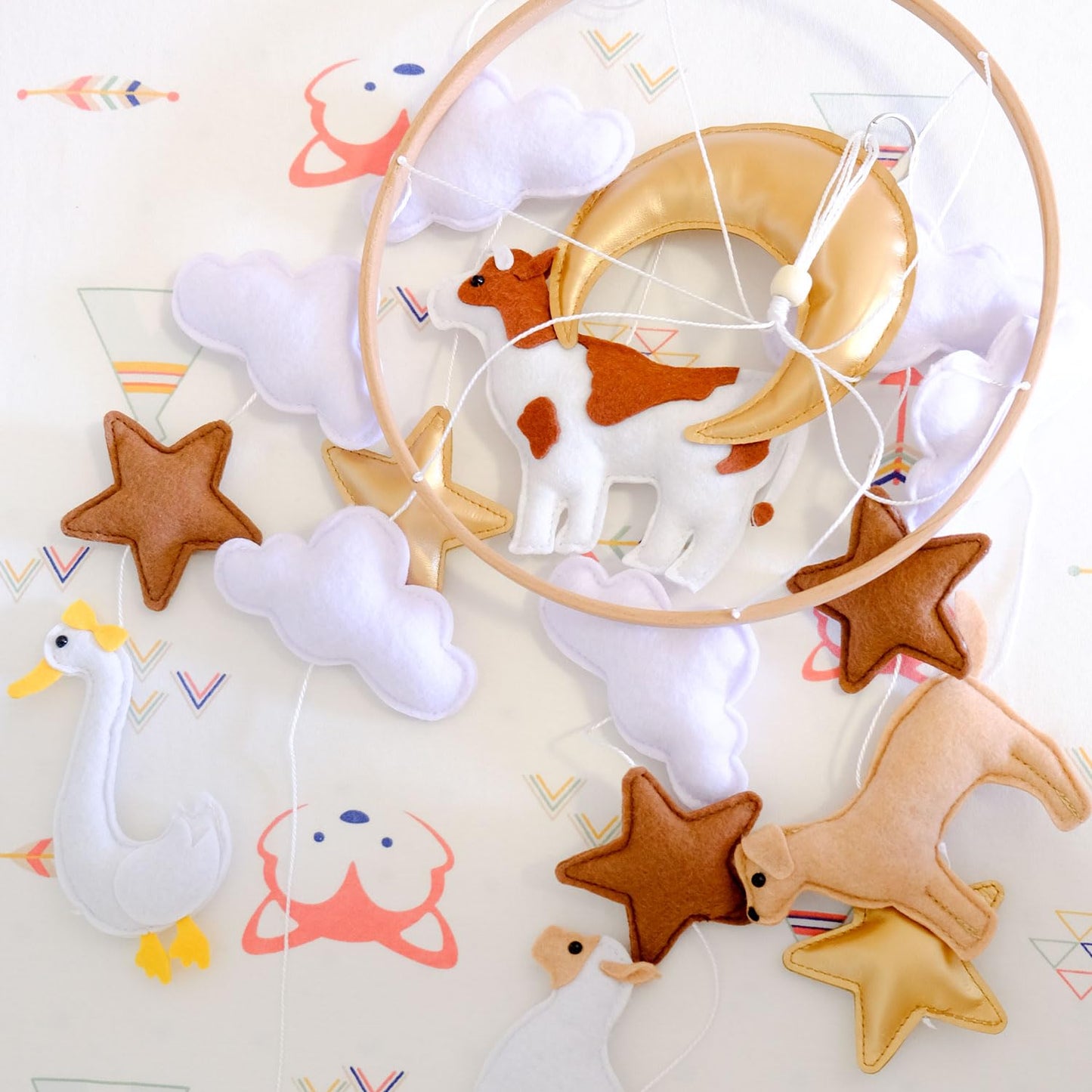 Farm Animals Baby Mobile, Mobile for Crib, Crib Mobile for Boys and Girls, Nursery Mobile for Bassinet, Pack and Play, Cows, Sheep, Golden Retriever, Goose, Moon