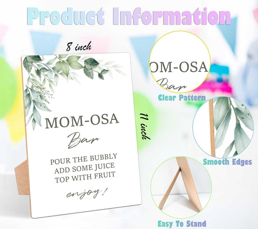 Greenery Baby Shower Table Sign, Mom-osa Bar Sign, Pack of 1 Wooden Tabletop Sign with Stand, Green Baby Shower Supplies, Gender Reveal Party Decorations - RG21