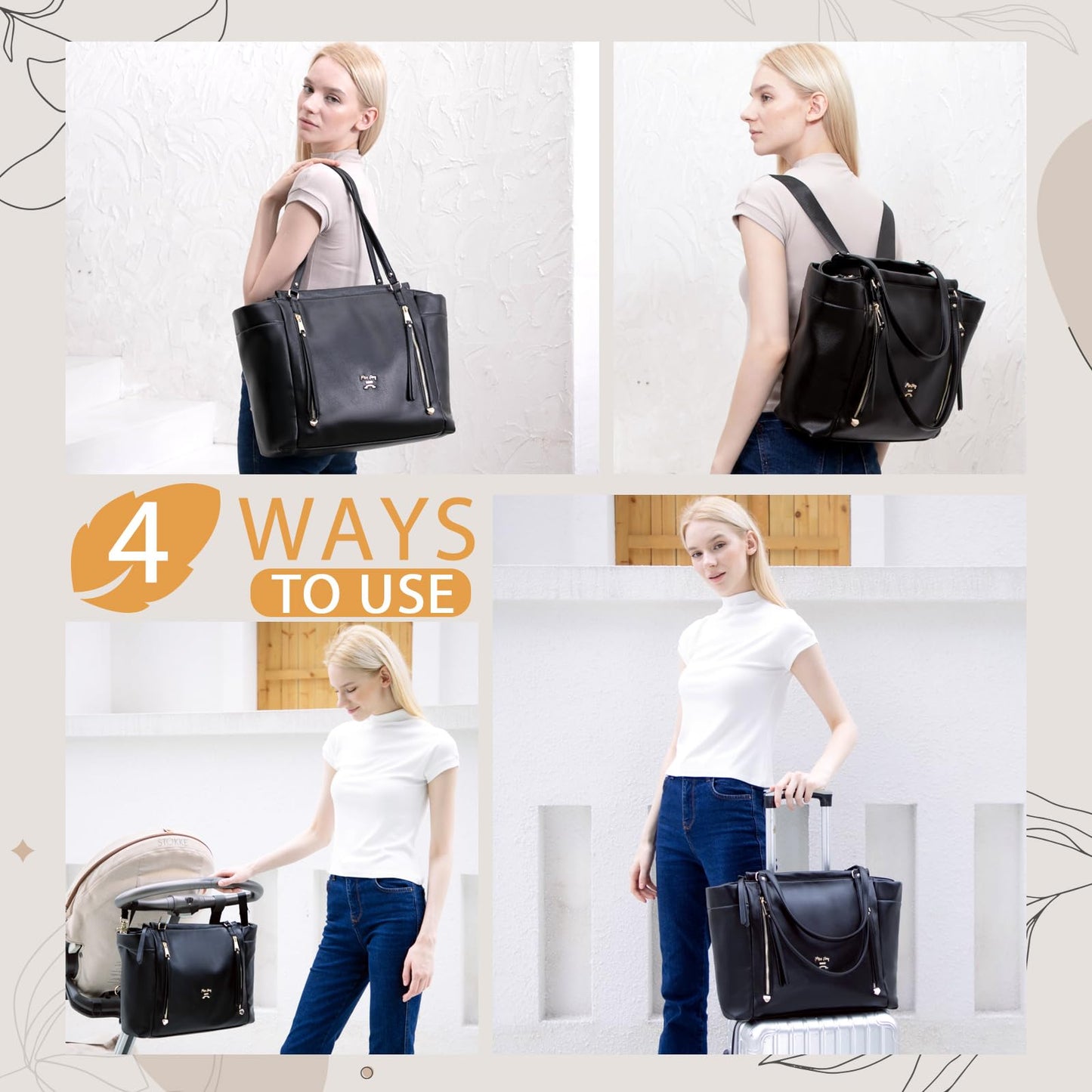 miss fong Diaper Bag Tote Leather Diaper Bag Backpack, Large Capacity Mommy Bag Hospital Bag, 12 Pockets Travel Diaper Tote with Changing Pad,Stroller Straps & Insulated Pockets for Mom & Dad-Brown