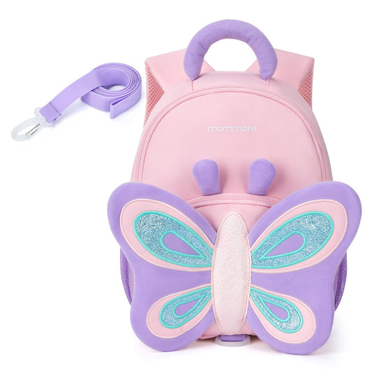 mommore Toddler Backpack for Girls 2-4 Cute 3D Kids Backpack Butterfly Small Pre-K Backpacks Water-Resistant for Preschool Kindergarten with Toddler Leash, Chest Buckle