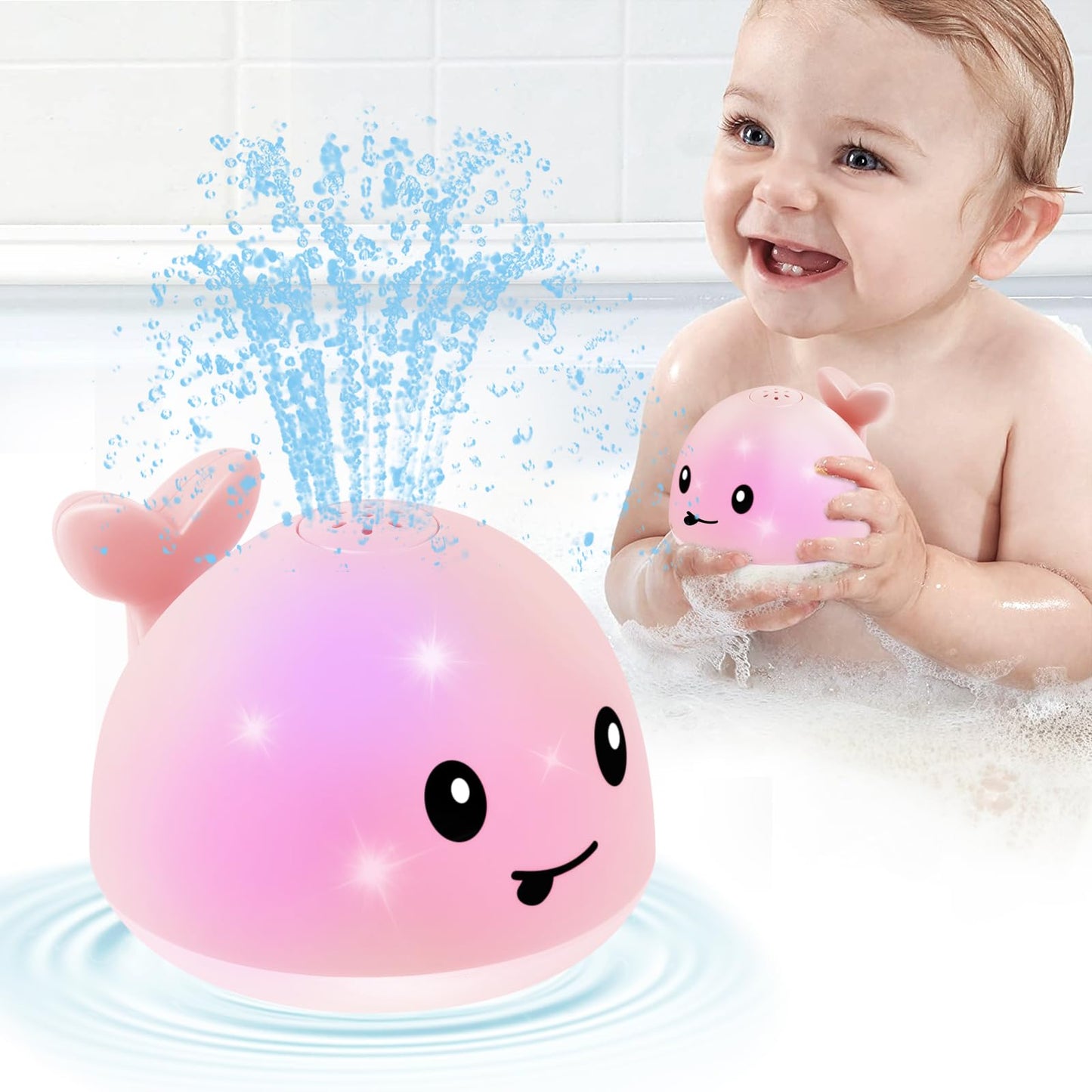 Baby Girl Bath Toys, Light Up Whale Bath Toys for Girls 0-6 6-12 12-18 Months or Kids Ages 1-3, Pink