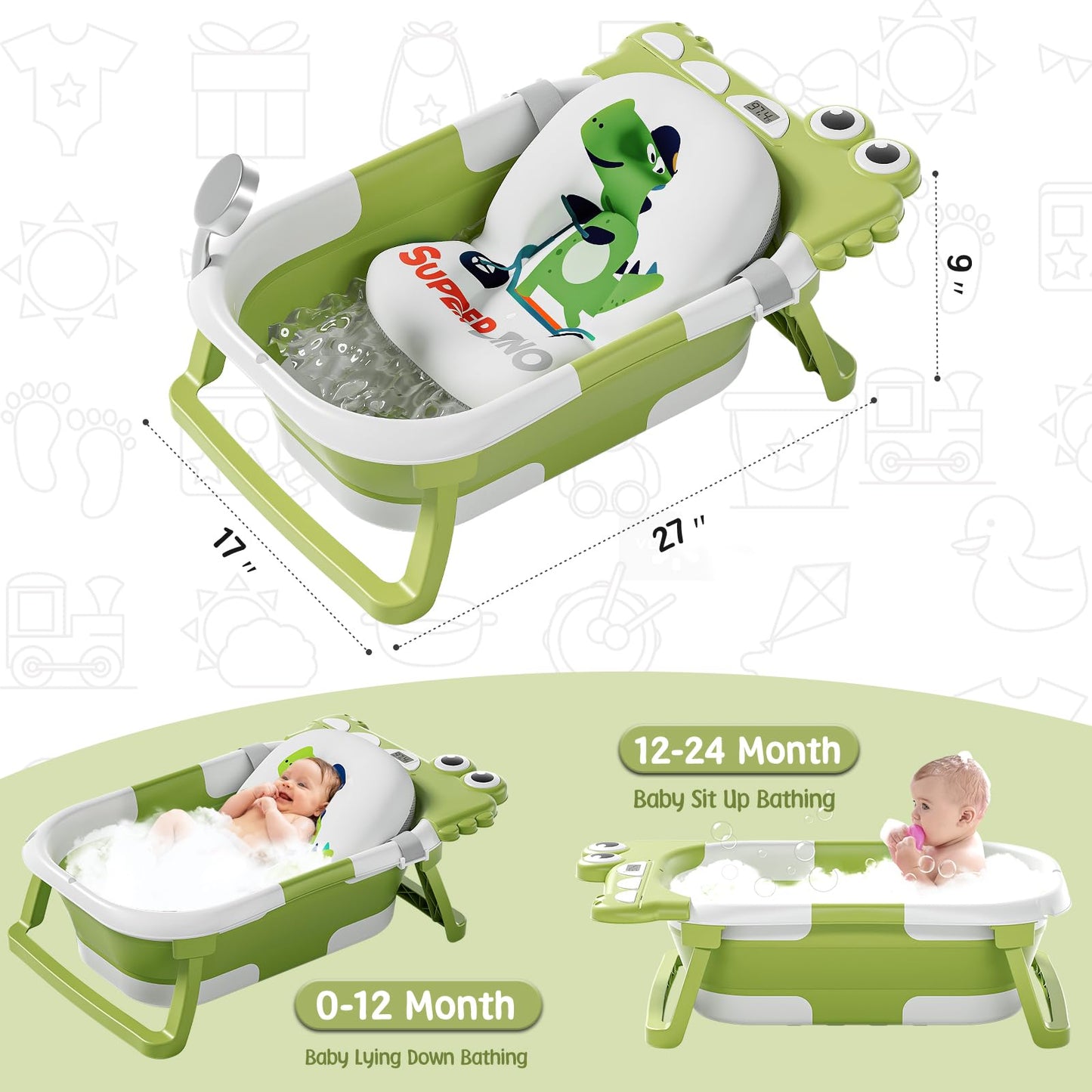 MoreFeel Collapsible Baby Bathtub for Newborn with Thermometer & 1 Hooded Towel & 1 Soft Floating Cushion,Portable Travel Bathtub with Drain Hole, Durable Foldable Baby Tubs for Infants to Toddler