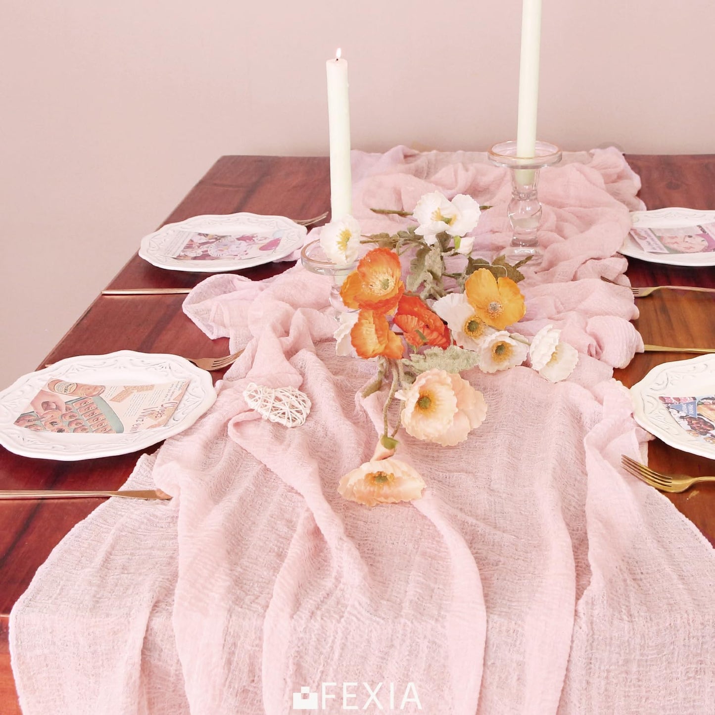 FEXIA Beige Cheesecloth Table Runner 35x120 Inches Ivory Gauze Rustic Boho Spring Easter Table Runner for Engagement Party Decorations Bridal Shower Wedding Party First Communion Centerpiece