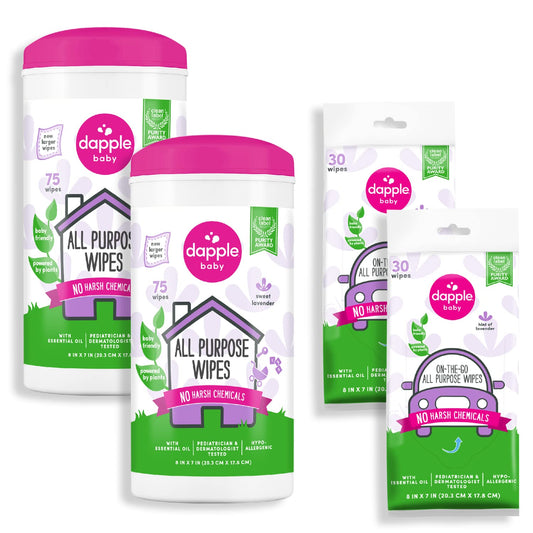 All Purpose Wipes by Dapple Baby, Hypoallergenic Cleaning Wipes Powered by Plants, Hint of Lavender, 75 Count Canister (Pack of 2) + 30 Count (Pack of 2)