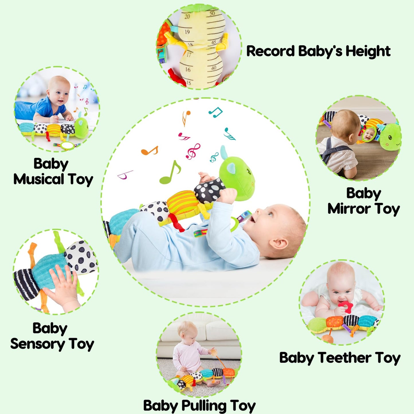Baby Sensory Toy 0-6 Month Music Animal Stuffed Plush Caterpillar Toy for Infant 0-3-6 Month Tummy Time with Baby Mirror Crinkle Rattle for 6-12 Month Carseat Toy for Newborn Boys Girls Shower Gifts