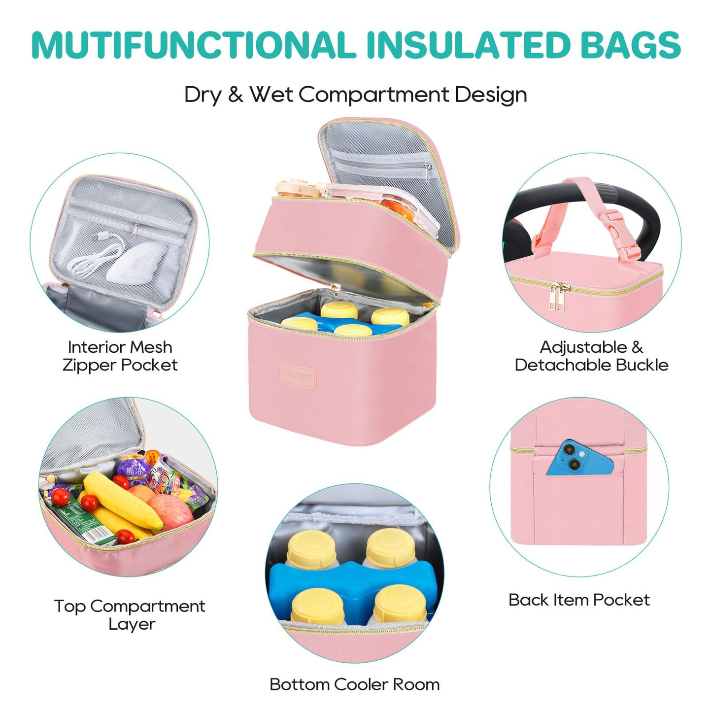 PIIOSER Baby Bottle Tote Bag with Ice Pack, Fits 4 Baby Bottles Up to 9 Ounce, Small Insulated Breastmilk Cooler Travel Bag with Shoulder Strap for Nursing & Working Mom Daycare (Cream-S)