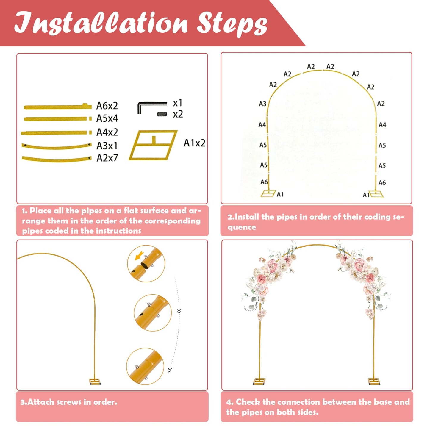 DDMY Wedding Backdrop Stand, 7.9 FT Thickened Metal Semicircular Square Base Arch, Portable Balloon Stand Kit for Ceremony, Birthday Party, Baby Shower, Christmas, New Year Decoration