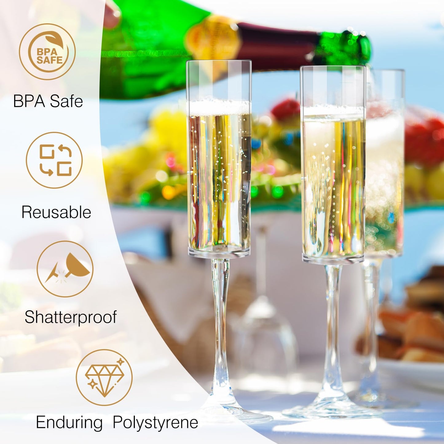 DI QIU REN 12 Pcs Acrylic Champagne Flutes, 6 OZ Clear Plastic Champagne Glasses, Unbreakable Reusable Shatterproof Stemmed Champagne Flutes Glass, Wedding Toasting Flutes for Party Wedding Holiday