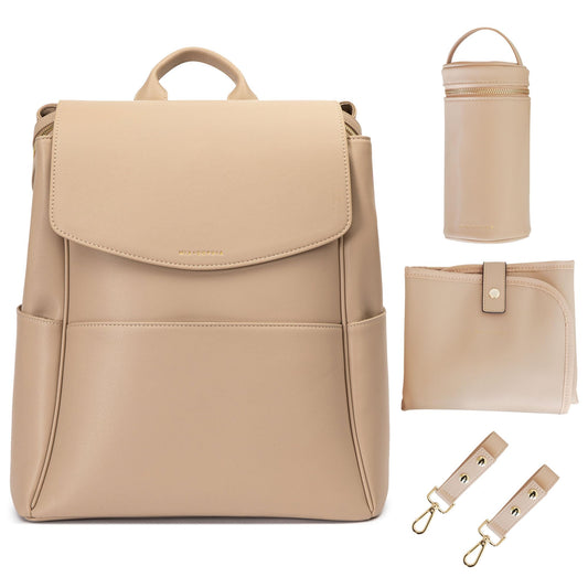 Leather Diaper Bag Backpack with USB Charging port, Changing Pad, Stroller Straps, and Bottle Holder (Brown Olivia)