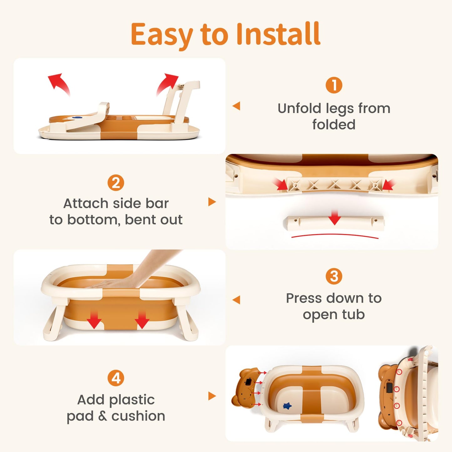 Collapsible Baby Bathtub for Newborn to Toddler (0-18 M) - Portable Baby Tub with Thermometer, Newborn Bathtub with Soft Towel and Floating Cushion (Brown)