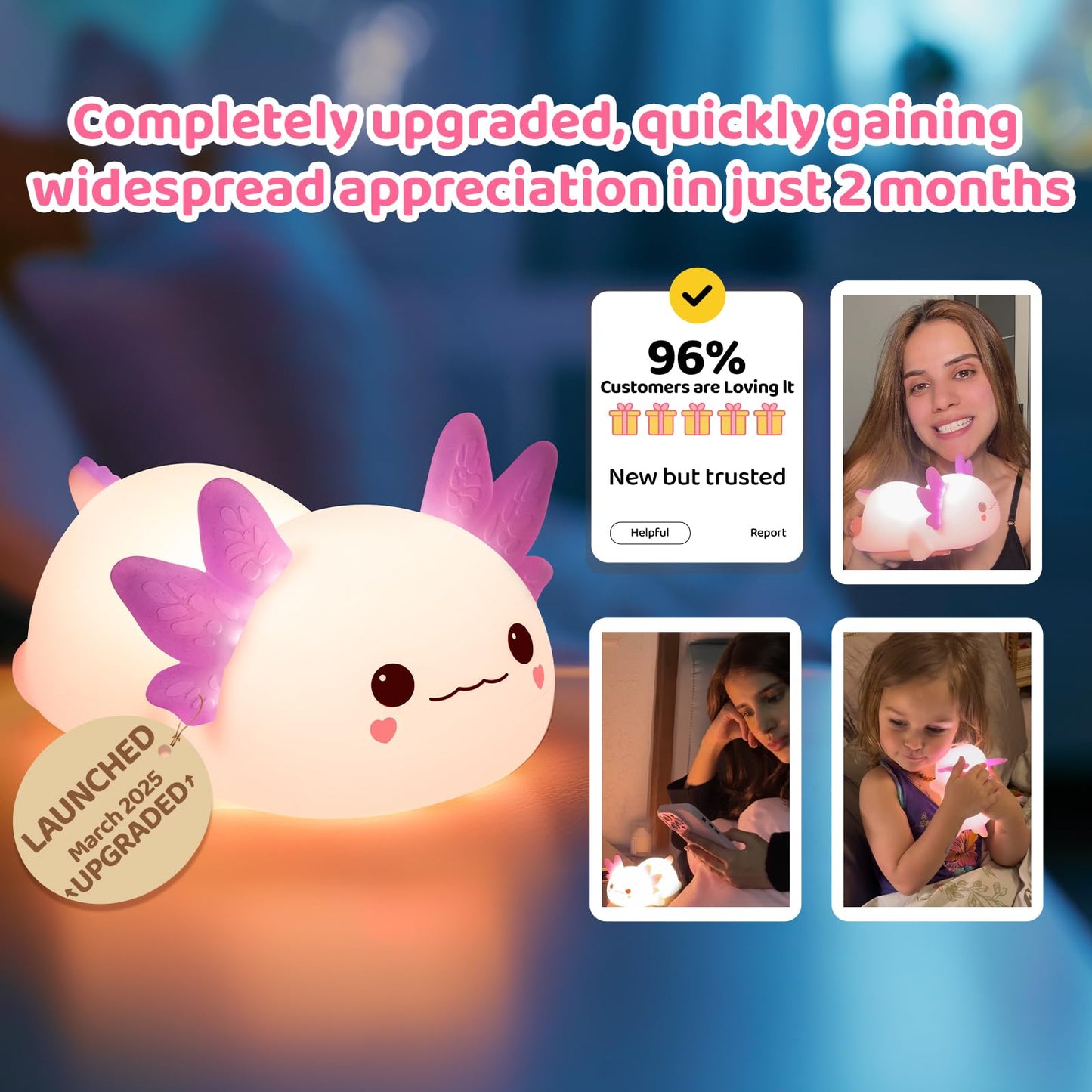 Huggwaii Squishy Axolotl Night Light for Kids – Dimmable Silicone Axolotl Lamp, 2025 Upgraded Baby Night Light, Rechargeable, 20H Battery Life, Sleep Aid Gift for Toddlers, Girls&Room Decor