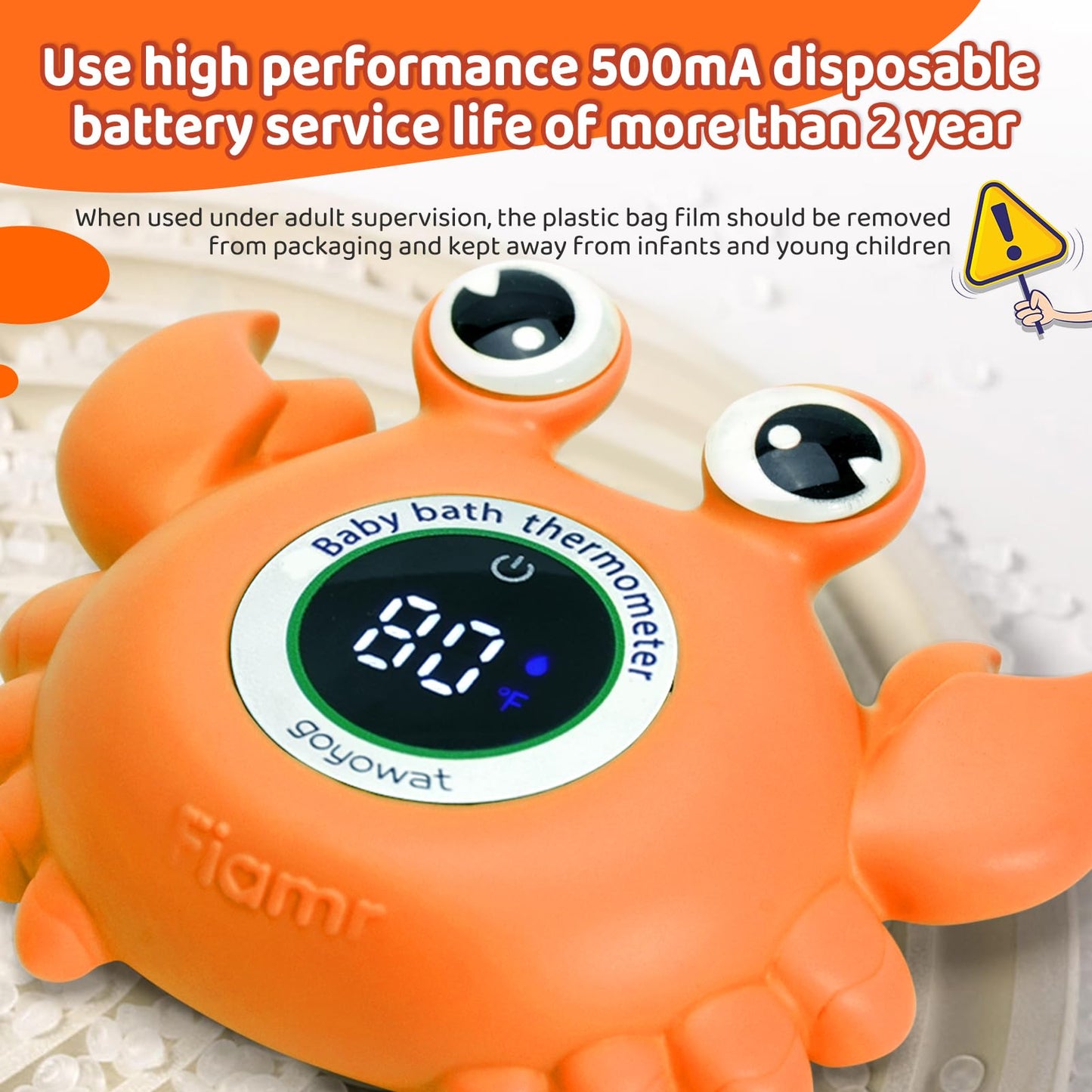 Baby Bath Thermometer with LED Display, Floating Crab Toy – 2-in-1 Water Safety Sensor for Infants, Color-Coded Alerts (Hot/Cold), Bath Tub Temperature Monitor, Cute Floating Bath Toy, Nursery