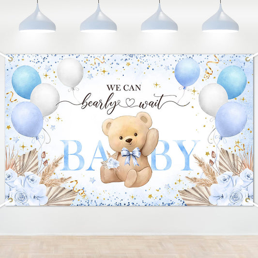 Blue Bear Baby Shower Backdrop 6x3.6 ft We Can Bearly Wait Banner for Boy Bear Baby Shower Decorations Newborn Photo Props Background