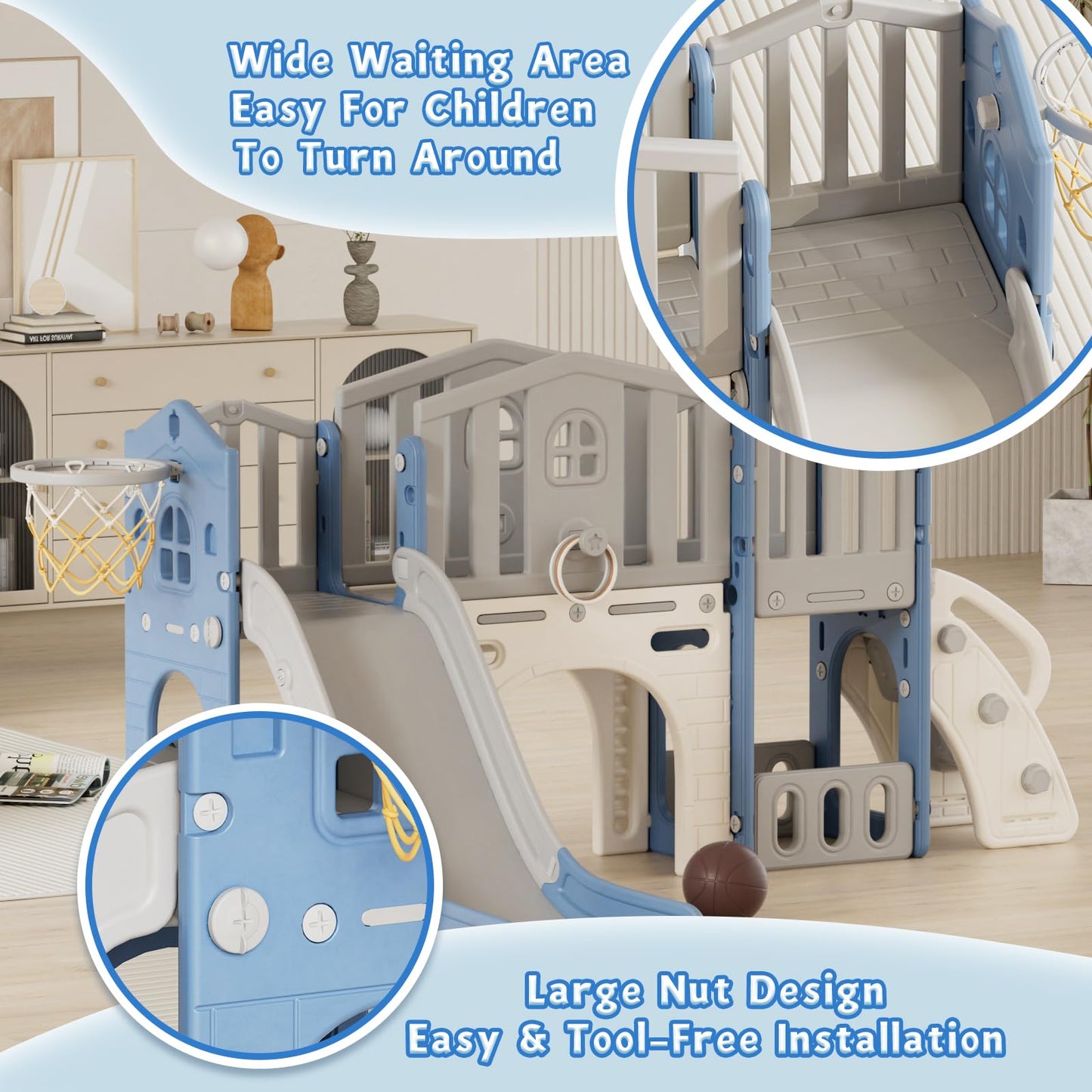 KORIMEFA 8 in 1 Toddler Slide Set, Kids Slide for Toddlers Age 1-3, Toddler Climber PlaySet with Basketball Hoop and Ball, Outdoor Indoor Kids Playground for Toddlers 1-3, Beige