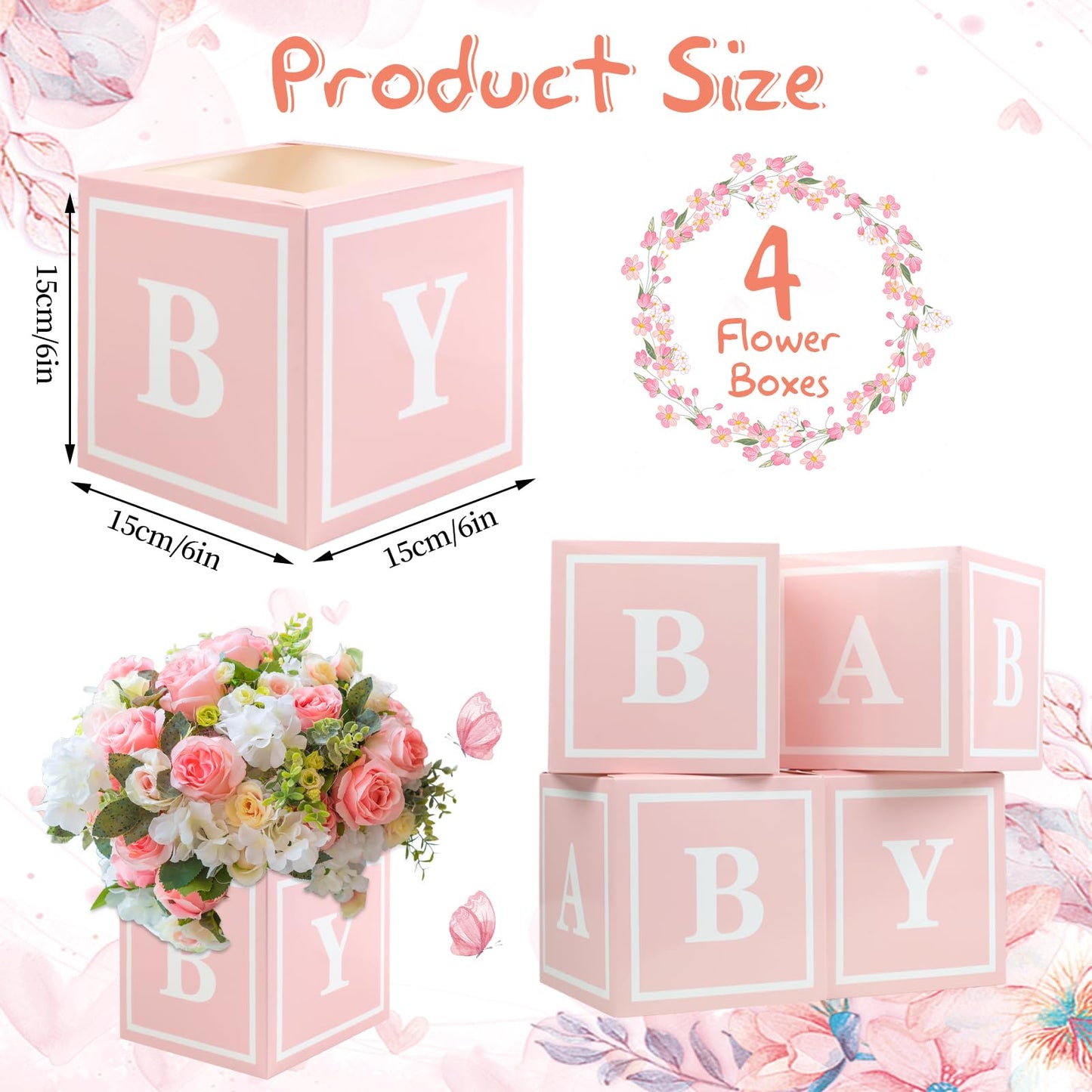 4 Pcs Baby Shower Flower Boxes Centerpieces Decoration Rose Gold Baby Block Floral Holder Centerpiece Baby In Bloom Gender Reveal Birthday Party Decors Table Display Its A Girl Its A Boy