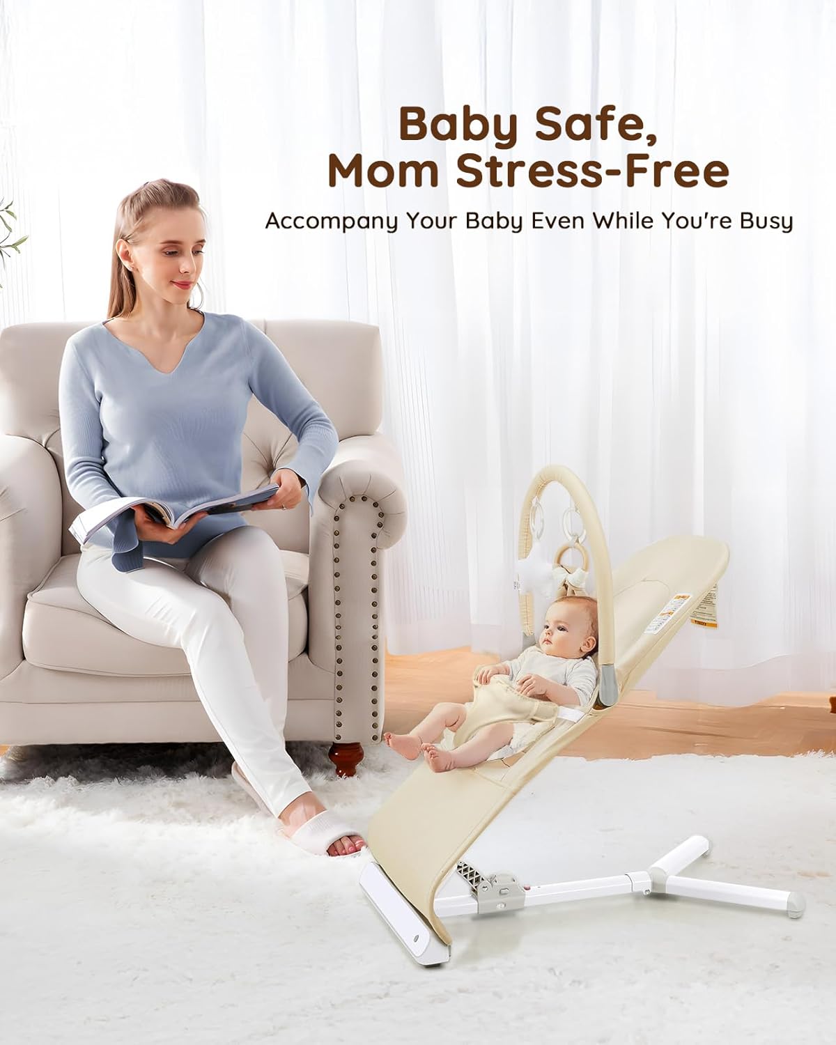 Lilian&Gema Baby Bouncer, Height-Adjustable Infant Bouncer Seat for Babies 0-6 Months, Newborn Bouncer with Soothing Music&Carry Bag, No Assembly